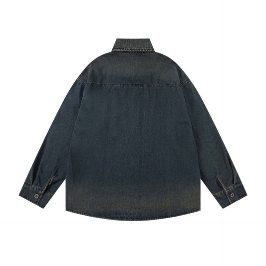 𝔼mbro 𝕊hirt𒉽2025秋冬水洗小花刺繡牛仔寬鬆襯衫U-79