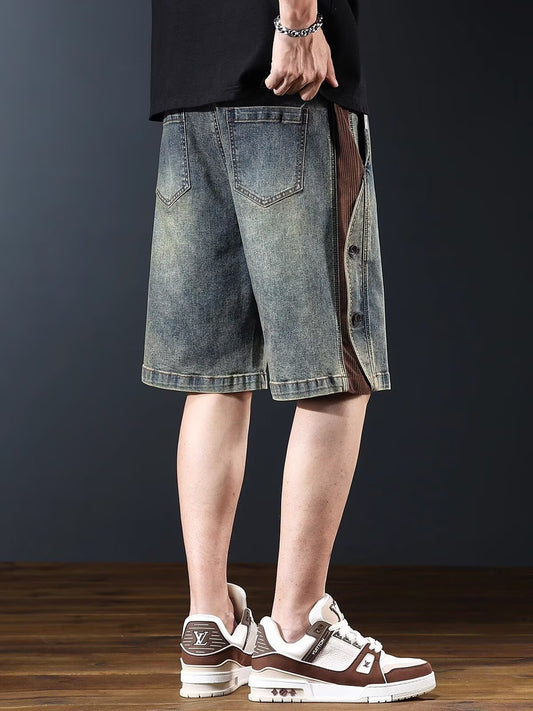 ♜ 𝔽𝕦𝕤𝕚𝕠𝕟 𝔽𝕠𝕔𝕦𝕤 𖥟 𝖏𝖊𝖆𝖓𝖘 ☞ 美式復古牛仔短褲夏季新款寬鬆重磅水洗五分褲休閒拼接褲 Bs-12