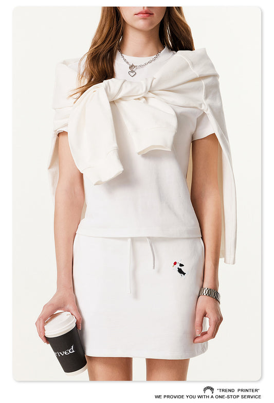 Fierce & Fitted 美式夏季甜妹小狗刺繡圓領短T半身裙套裝N-51 牙白色