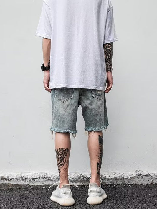 ♜ 𝔽𝕦𝕤𝕚𝕠𝕟 𝔽𝕠𝕔𝕦𝕤 𖥟 𝖏𝖊𝖆𝖓𝖘 ☞ 美式毛邊破洞牛仔短褲設計感小眾夏季薄款寬鬆五分褲 Bs-17