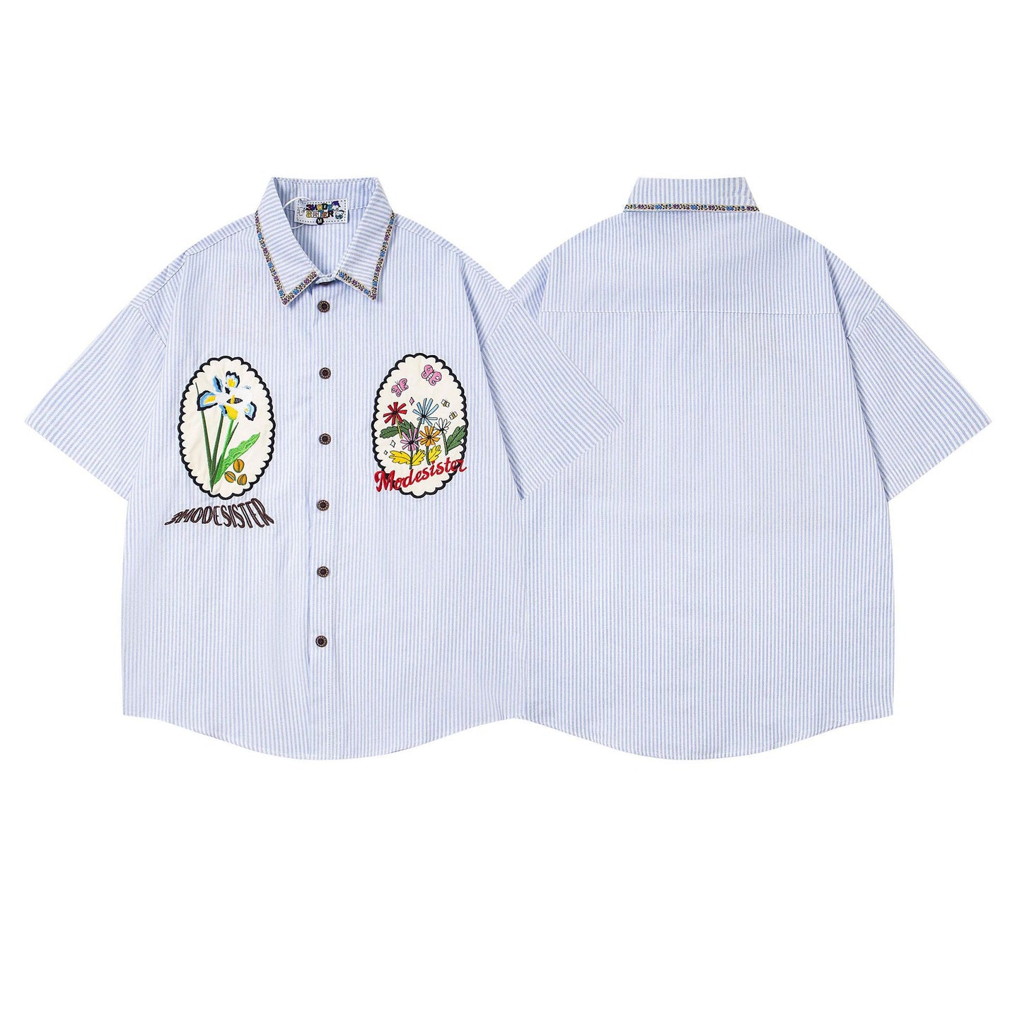 𝔼mbro 𝕊hirt𒉽美式復古設計感小花貼布繡條紋休閒寬鬆襯衫 MO-71