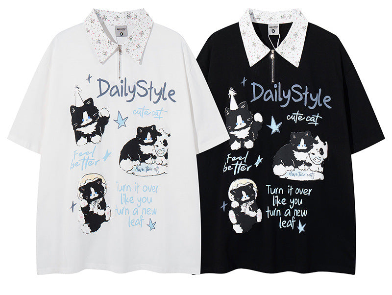 Polo Shirt𒉽美式復古貓咪印花翻領半拉鍊POLO衫 DA-7