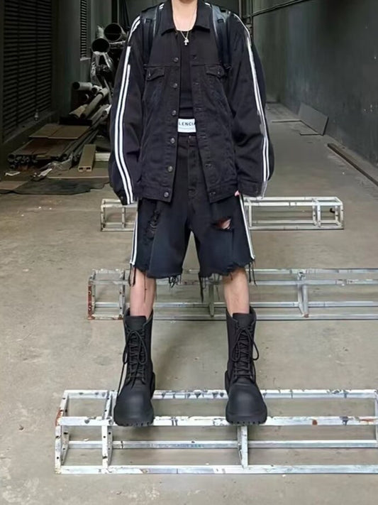 ♜ 𝔽𝕦𝕤𝕚𝕠𝕟 𝔽𝕠𝕔𝕦𝕤 𖥟 𝖏𝖊𝖆𝖓𝖘 ☞ 水洗磨破做舊三條杠牛仔短褲男款破壞破洞短褲美式寬鬆休閒五分褲 Bs-13