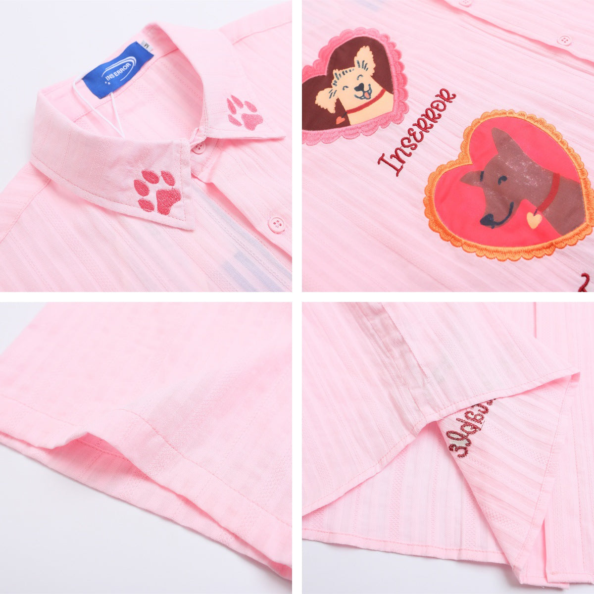 𝔼mbro 𝕊hirt𒉽美式復古可愛小狗刺繡印花短袖寬鬆襯衫外套IN-730