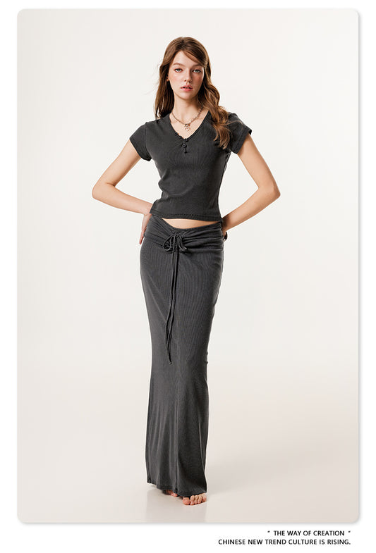 Fierce & Fitted 夏季辣妹必備V領顯瘦短T長裙套裝 深灰色