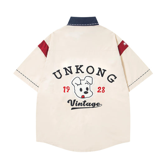 𝔼mbro 𝕊hirt𒉽 日式復古撞色小狗字母刺繡百搭寬鬆襯衫 UN-11