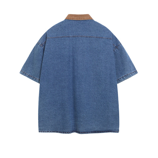 𝔼mbro 𝕊hirt𒉽美式復古拼接燈芯絨貼布繡小狗圖案牛仔寬鬆短袖襯衫外套