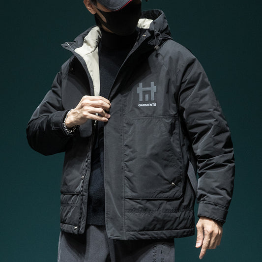 snɔoɟ uoı̣snɟ - 卡其色工裝羽绒服短款寬鬆大碼冬季加厚帥氣潮牌連帽外套 FG-358