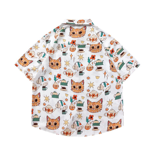 𝕃oose 𝔽it ☞𝟤𝟢𝟤𝟧 ☜日式復古趣味貓咪滿印百搭休閒寬鬆襯衫 RF-147