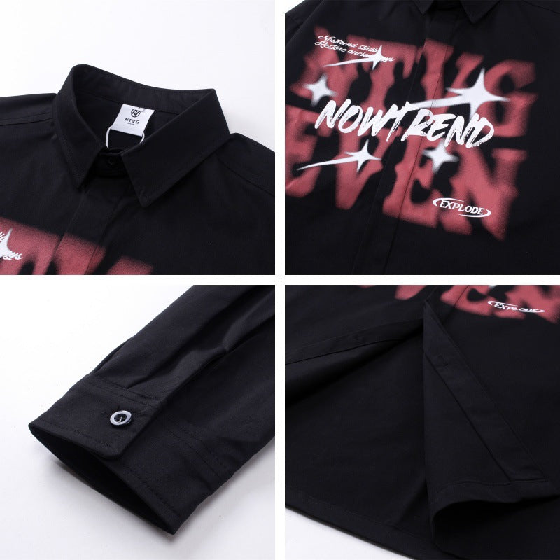 𝔼mbro 𝕊hirt𒉽秋冬長袖復古印花寬鬆襯衫NT-90