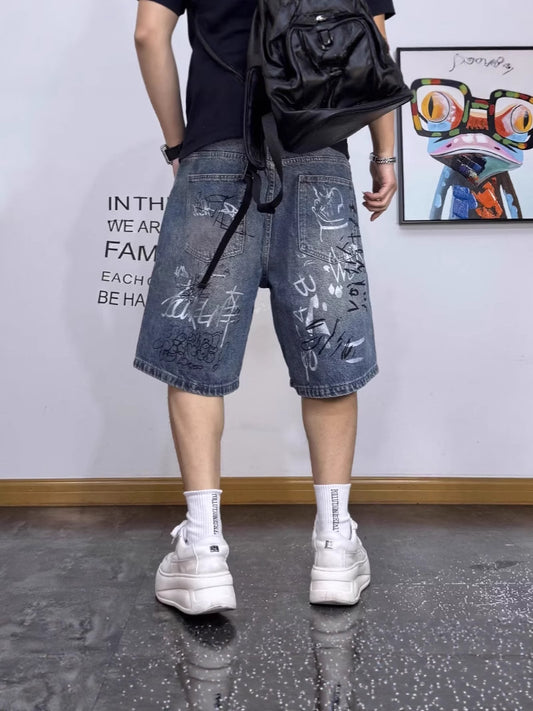 ♜ 𝔽𝕦𝕤𝕚𝕠𝕟 𝔽𝕠𝕔𝕦𝕤 𖥟 𝖏𝖊𝖆𝖓𝖘 ☞ 高街痞帥牛仔褲潮流美式五分褲2025年夏季新款男士直筒中褲 Bs-07