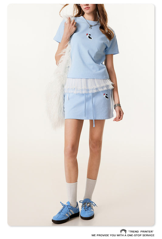 Fierce & Fitted 美式夏季甜妹小狗刺繡圓領短T半身裙套裝N-51 BABY藍