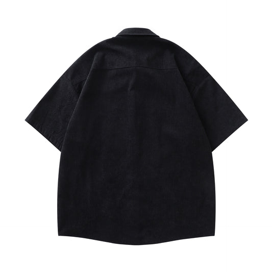 𝔼mbro 𝕊hirt𒉽美式復古刺繡玫瑰花燈芯絨短袖寬鬆襯衫P-12