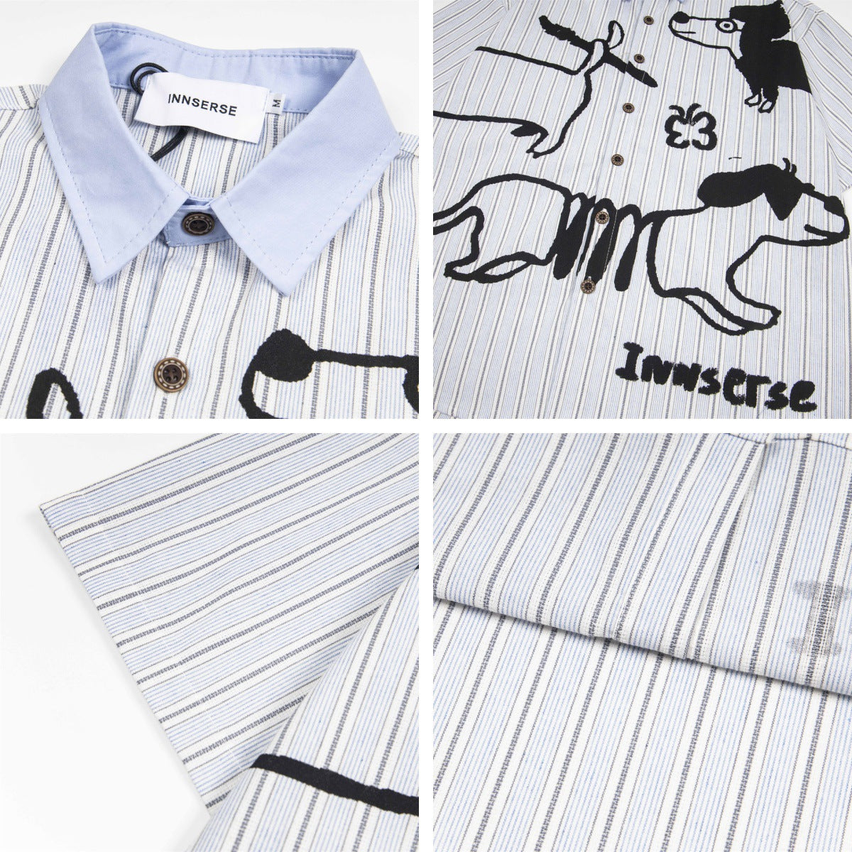 𝕃oose 𝔽it ☞𝟤𝟢𝟤𝟧 ☜美式復古可愛小狗圖短袖條紋寬鬆襯衫 IN-114