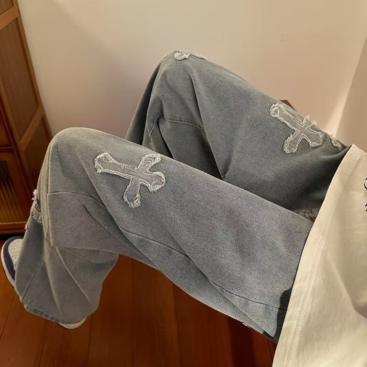 ♜ 𝔽𝕦𝕤𝕚𝕠𝕟 𝔽𝕠𝕔𝕦𝕤 𖥟 𝖏𝖊𝖆𝖓𝖘 ☞ 牛仔褲春季直筒褲美式嘻哈街頭大碼高街拖地長褲 B-07