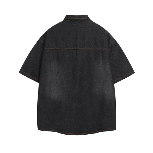 𝕃oose 𝔽it ☞𝟤𝟢𝟤𝟧 ☜美式復古水洗拼接短袖牛仔襯衫 IN-6