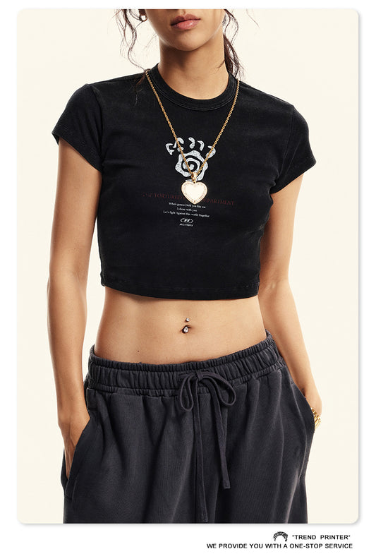 Fierce & Fitted 美式夏季修身磨損印花辣妹短版上衣07 復古黑