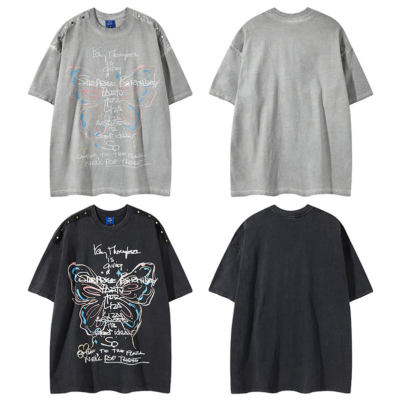 𝕃oose 𝔽it ☞𝟤𝟢𝟤𝟧 ☜美式復古炫彩蝴蝶印花風格男女中性 T-Shirt寬版上衣 RK99