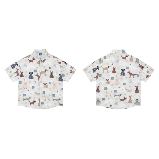 𝕃oose 𝔽it ☞𝟤𝟢𝟤𝟧 ☜日式復古可愛小狗滿版印花百搭休閒寬鬆襯衫 ᴠᴊ𝟣𝟤