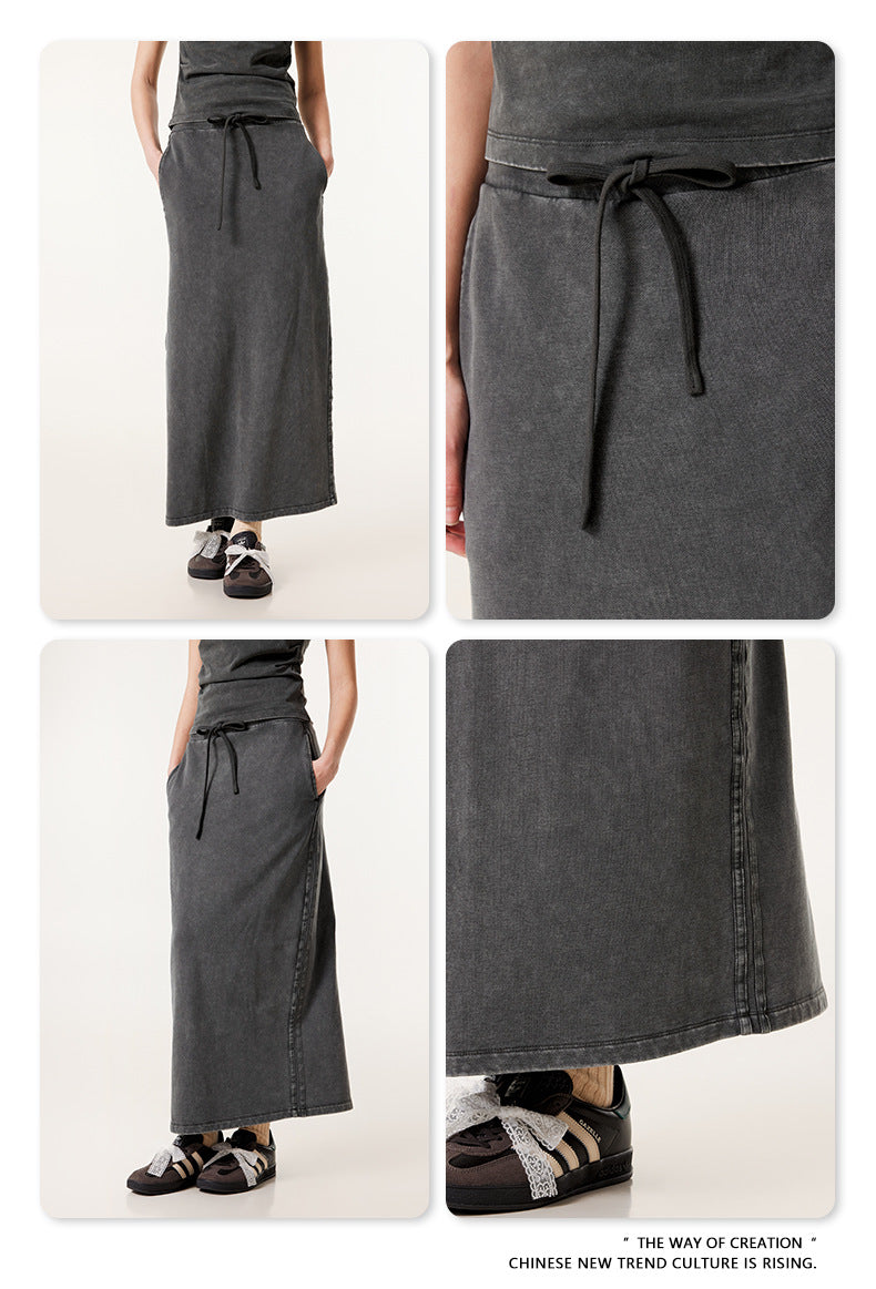 Fierce & Fitted 夏季辣妹必備INS緊身短款上衣 收腰直筒長裙套裝N-7 深灰色