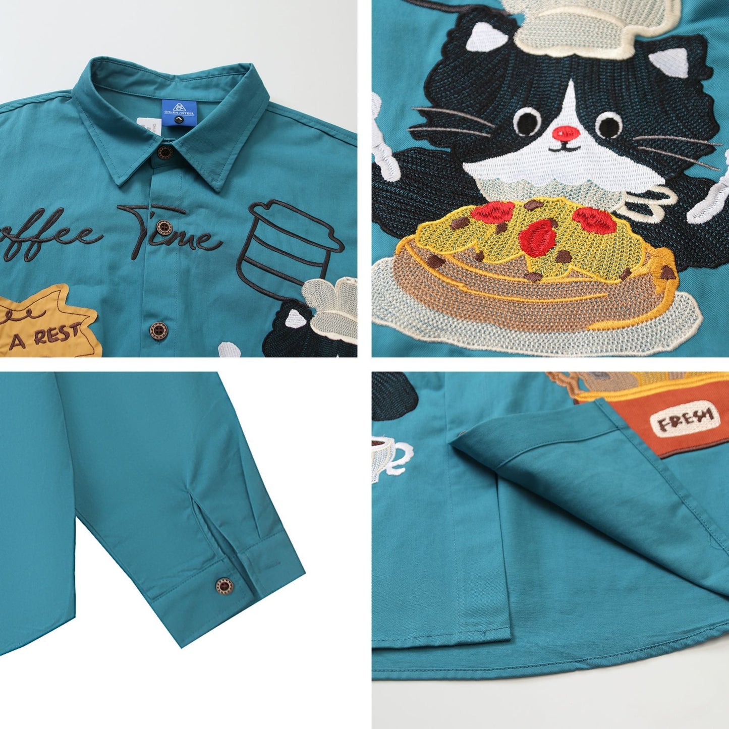 𝔼mbro 𝕊hirt𒉽2025秋冬復古小貓重工刺繡長袖襯衫C-01