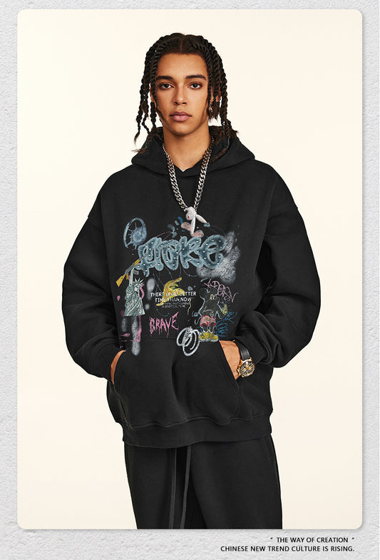 ♛𝔽𝕦𝕤𝕚𝕠𝕟 𝔽𝕠𝕔𝕦𝕤 ♛2025秋冬高磅水洗印花寬鬆落肩帽T 506