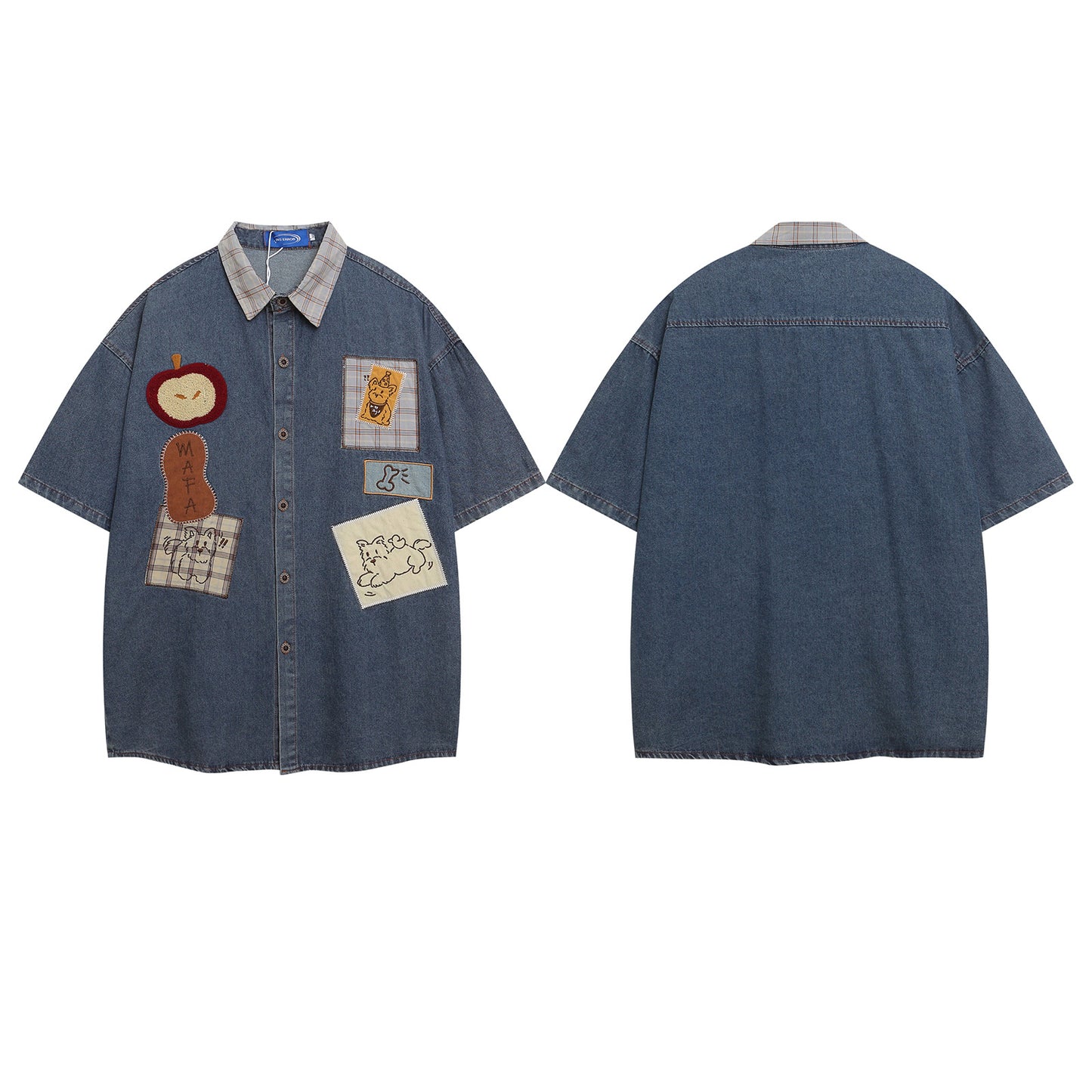 𝔼mbro 𝕊hirt𒉽美式復古可愛小狗刺繡牛仔休閒襯衫外套I-710