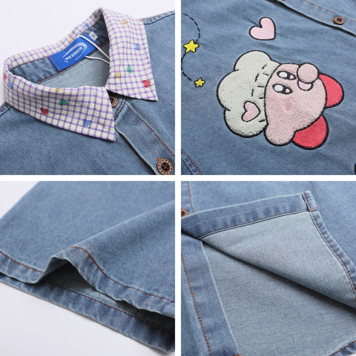 𝔼mbro 𝕊hirt𒉽 美式復古趣味卡通毛巾繡牛仔百搭寬鬆襯衫 N-09