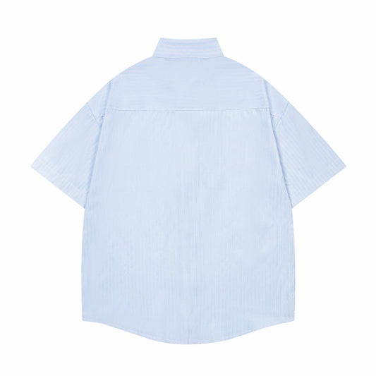 𝔼mbro 𝕊hirt𒉽日式復古貓咪刺繡翻領短袖襯衫(藍色)