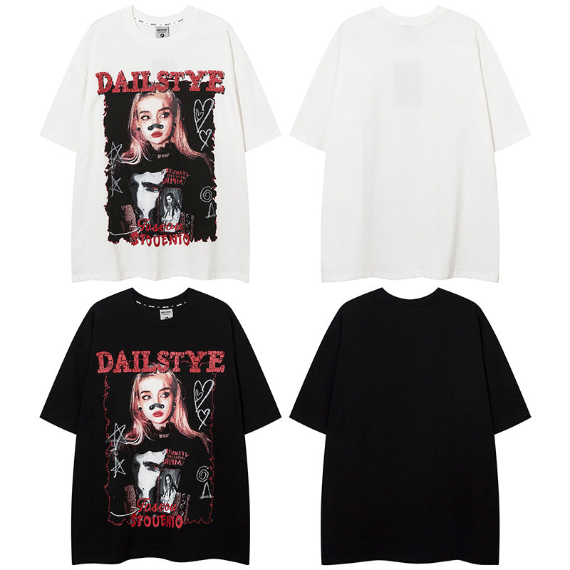 𝕃oose 𝔽it ☞𝟤𝟢𝟤𝟧 ☜美式復古設計感DAIL STYE少女圖案印花男女中性T-Shirt上衣 DA04