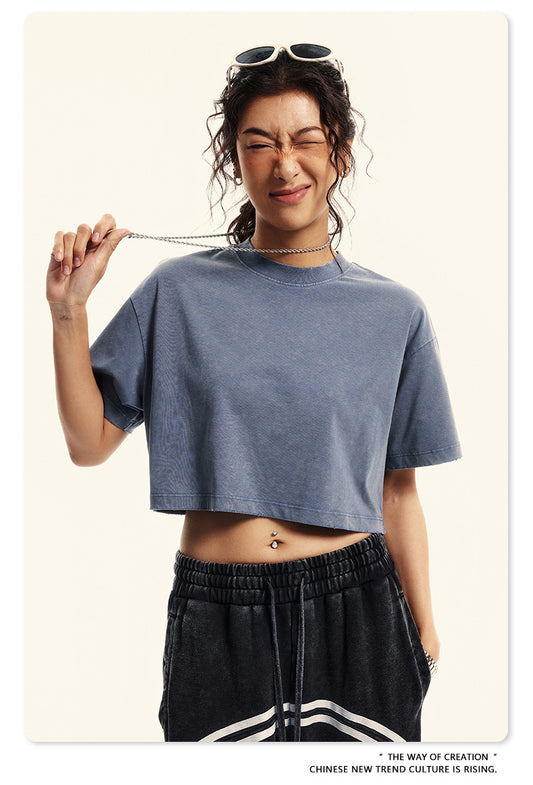 Fierce & Fitted 夏季美式復古做舊辣妹短款T袖N-6 水洗藍