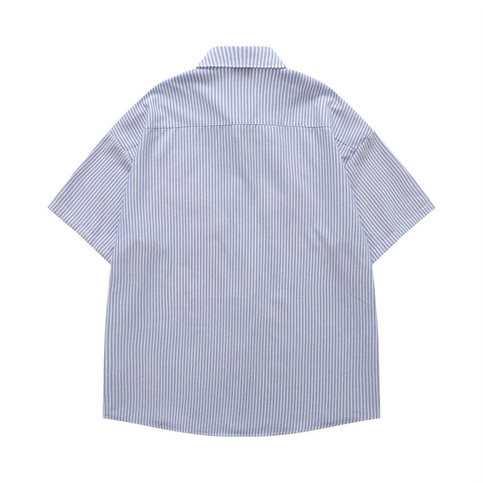 𝔼mbro 𝕊hirt𒉽日式復古可愛貓咪刺繡短袖百搭休閒襯衫 (藍色)