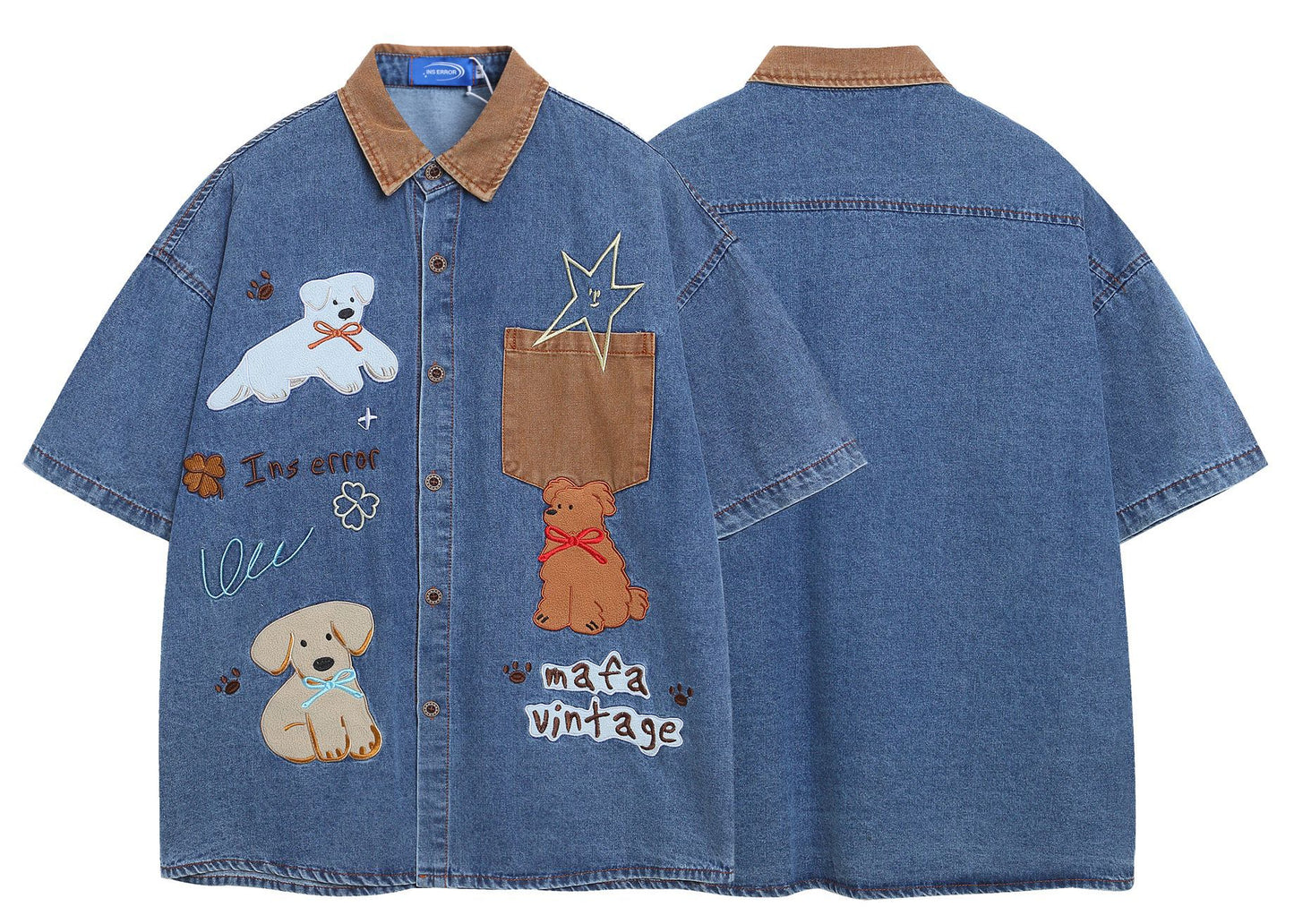 𝔼mbro 𝕊hirt𒉽美式復古拼接燈芯絨貼布繡小狗圖案牛仔寬鬆短袖襯衫外套