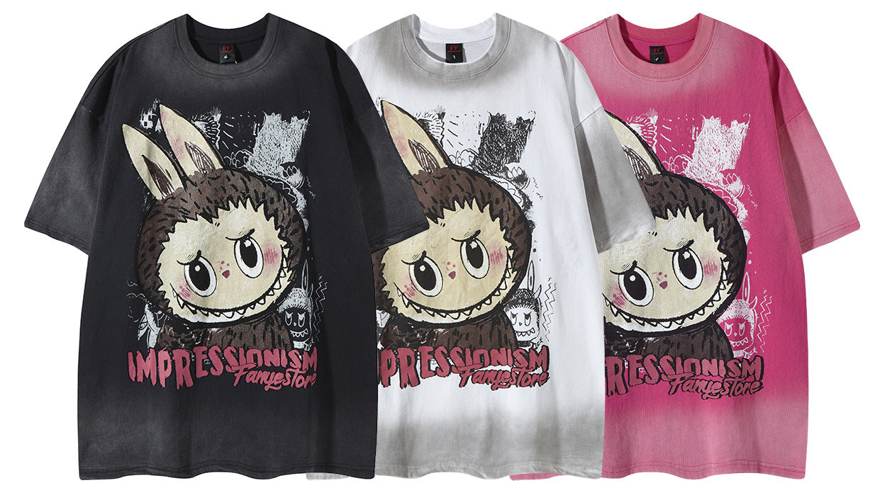 𝕃oose 𝔽it ☞𝟤𝟢𝟤𝟧 ☜美式復古渲染系列卡通印花男女中性 T-Shirt寬版上衣F-316