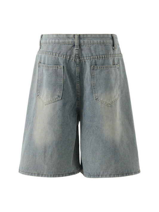 ♜ 𝔽𝕦𝕤𝕚𝕠𝕟 𝔽𝕠𝕔𝕦𝕤 𖥟 𝖏𝖊𝖆𝖓𝖘 ☞ 美式復古熱狗堡薯條牛仔短褲男女款創意通勤寬鬆闊腿直筒五分褲 Bs-14