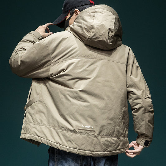 snɔoɟ uoı̣snɟ - 卡其色工裝羽绒服短款寬鬆大碼冬季加厚帥氣潮牌連帽外套 FG-358