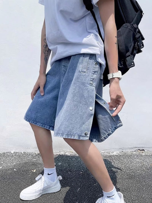 ♜ 𝔽𝕦𝕤𝕚𝕠𝕟 𝔽𝕠𝕔𝕦𝕤 𖥟 𝖏𝖊𝖆𝖓𝖘 ☞ 排扣牛仔短褲潮牌ins五分褲外穿薄款闊腿褲子潮流寬鬆 Bs-09