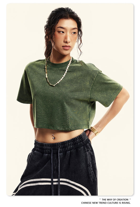 Fierce & Fitted 夏季美式復古做舊辣妹短款T袖N-6 水洗墨綠