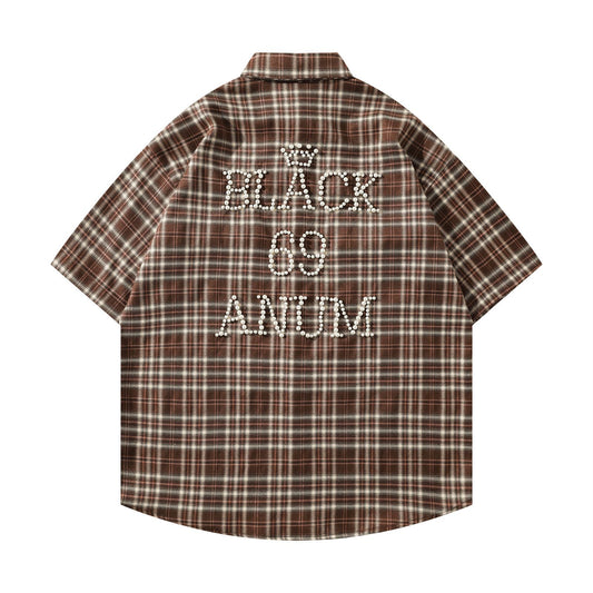 𝕃oose 𝔽it ☞𝟤𝟢𝟤𝟧 ☜美式復古字母珍珠感格子寬鬆襯衫 J-4