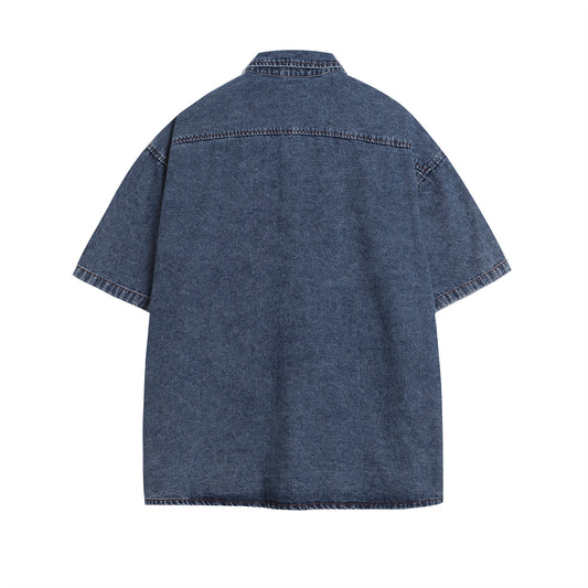 𝔼mbro 𝕊hirt𒉽美式復古水洗趣味卡通刺繡休閒牛仔寬鬆襯衫外套 I-19