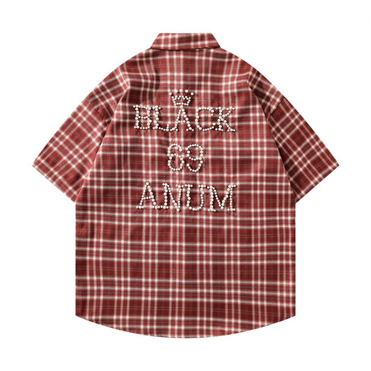 𝕃oose 𝔽it ☞𝟤𝟢𝟤𝟧 ☜美式復古字母珍珠感格子寬鬆襯衫 J-4