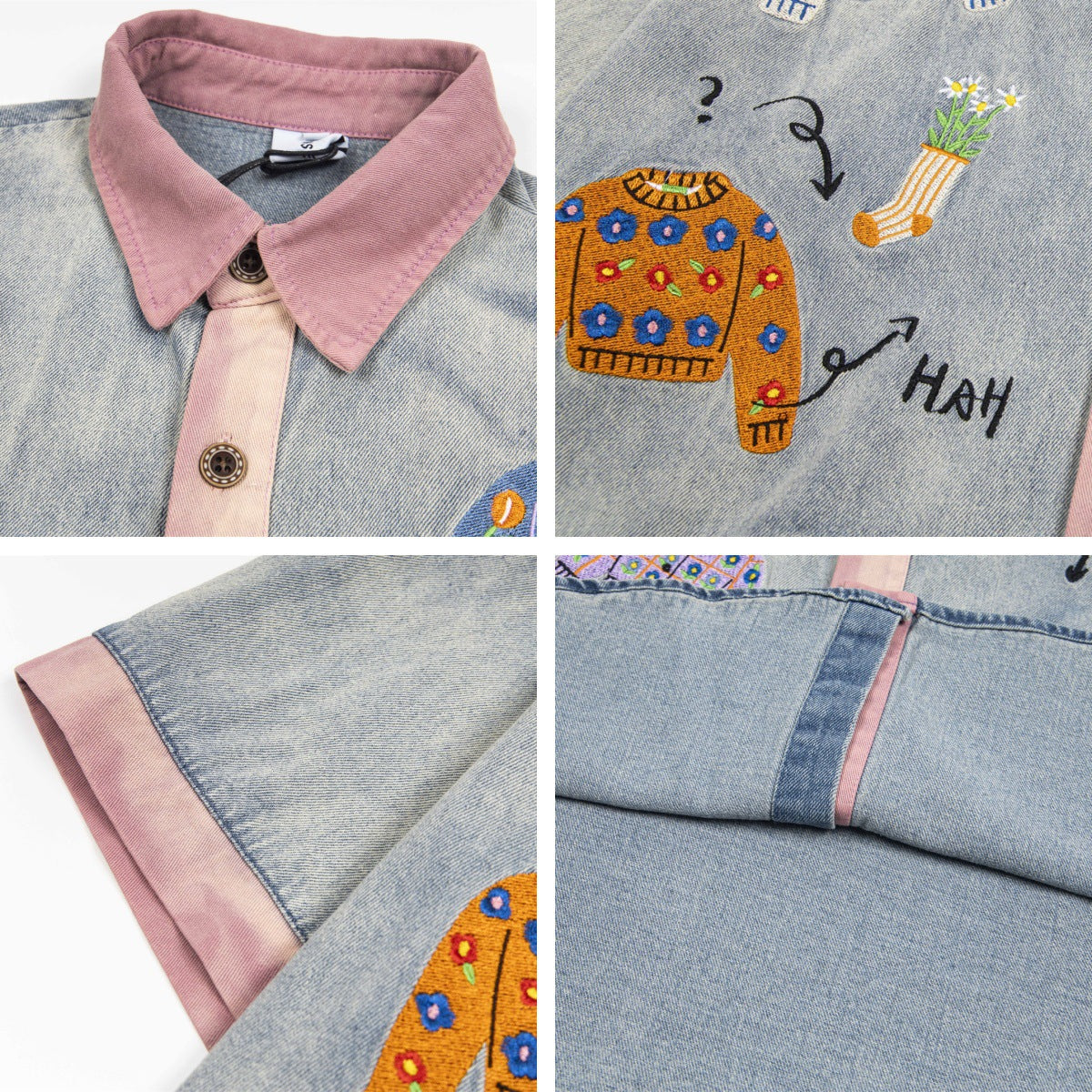 𝔼mbro 𝕊hirt𒉽美式復古重工藝撞色刺繡牛仔寬鬆短袖襯衫外套