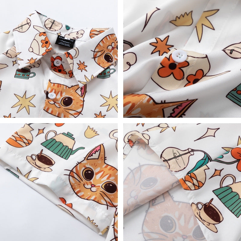 𝕃oose 𝔽it ☞𝟤𝟢𝟤𝟧 ☜日式復古趣味貓咪滿印百搭休閒寬鬆襯衫 RF-147