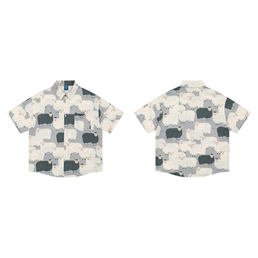 𝕃oose 𝔽it ☞𝟤𝟢𝟤𝟧 ☜日式復古可愛小羊滿版印花百搭休閒寬鬆襯衫 ᴠᴊ𝟤𝟢