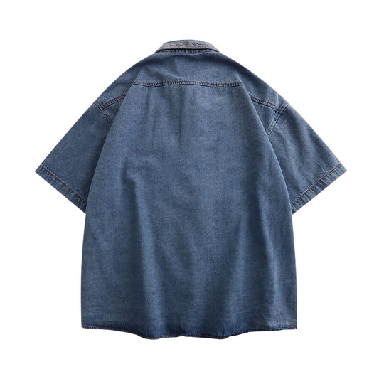 𝔼mbro 𝕊hirt𒉽日式復古椰子樹刺繡短袖牛仔寬鬆襯衫外套 PZ-13#