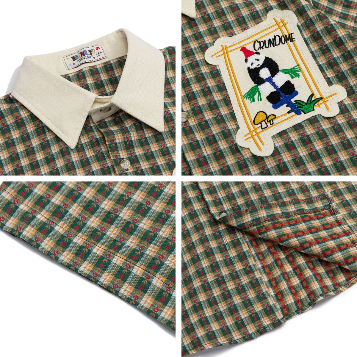 𝔼mbro 𝕊hirt𒉽美式復古可愛熊貓刺繡格子襯衫N-6
