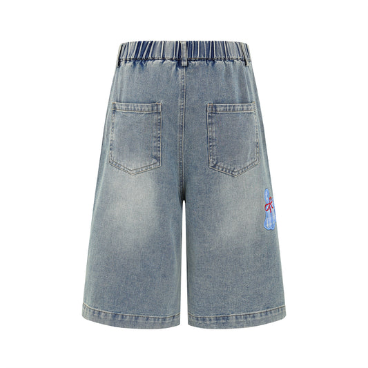 𖥟𝕽𝖊𝖑𝖆𝖝𝖊𝖉 𝖋𝖎𝖙 ☞美式復古小狗刺繡牛仔七分褲C-2