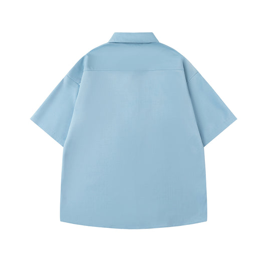 𝔼mbro 𝕊hirt𒉽美式復古可愛小狗刺繡寬鬆百搭短袖襯衫 (藍色)