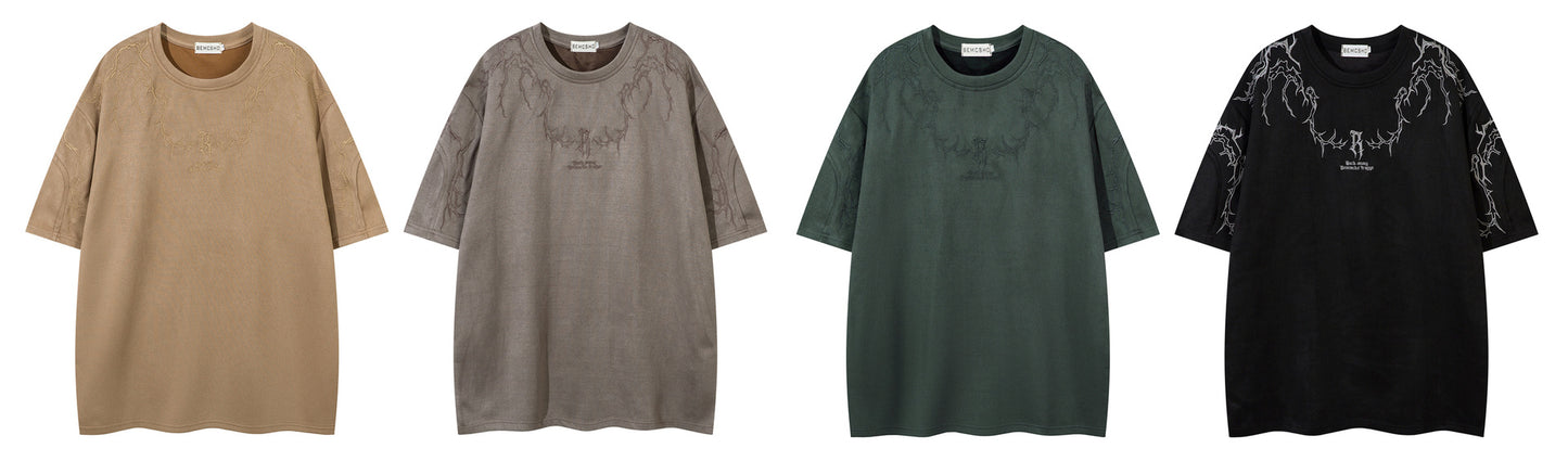 𝕃oose 𝔽it ☞𝟤𝟢𝟤𝟧 ☜美式復古設計感領口荊棘風格男女中性 T-Shirt寬版上衣 JK657