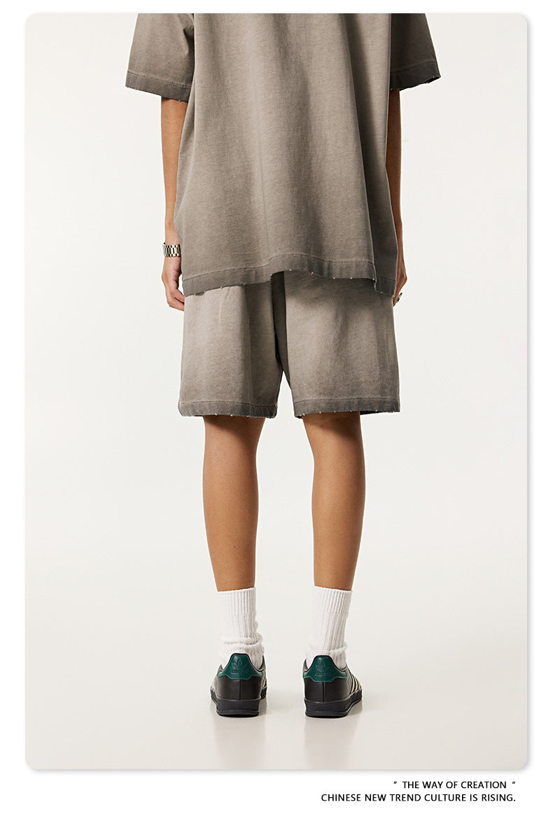 ♛𝔽𝕦𝕤𝕚𝕠𝕟 𝔽𝕠𝕔𝕦𝕤 ♛2025夏季復古街頭VINE風漸變寬鬆運動休閒五分褲 K-76